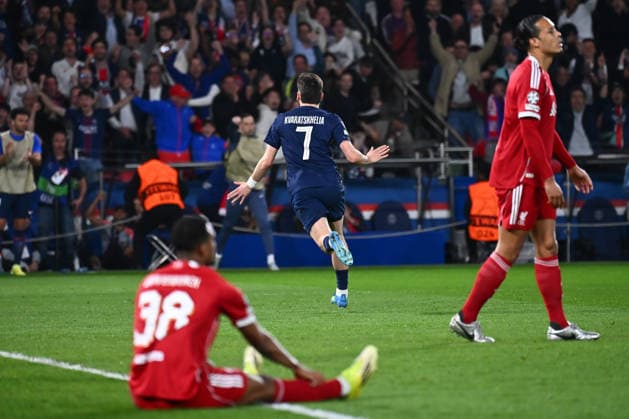 FOOTBALL : PSG vs Liverpool - Ligue des Champions - 08 04 2026 Khvicha Kvaratskhelia of Paris Saint Germain celebrates after scoring during the UEFA Champions League match between Paris Saint Germain and Liverpool FC at Parc Des Princes on April 08 , 2026 in Paris, France. ( Photo by Federico Pestellini PsnewZ ) ParisFrance  Copyright: xFedericoxPestellinix