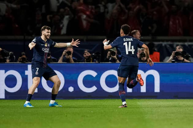 Paris, France - April 8: Desire Doue of Paris Saint Germain (R) celebrating his goal with his teammate Khvicha Kvaratskhelia (L) during the UEFA Champions League 2025 26 Quarter-Final First Leg match between Paris Saint-Germain FC and Liverpool FC at Parc des Princes on April 8, 2026 in Paris, France. (Photo by JustPictures) Paris Parc des Princes France