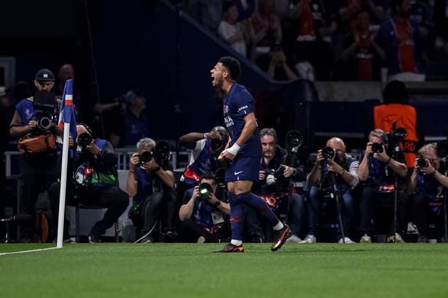 Paris, France - April 8: Desire Doue of Paris Saint Germain celebrates his goal during the UEFA Champions League 2025 26 Quarter-Final First Leg match between Paris Saint-Germain FC and Liverpool FC at Parc des Princes on April 8, 2026 in Paris, France. (Photo by JustPictures) Paris Parc des Princes France