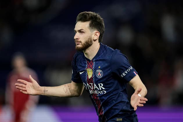 Paris, France - April 8: Khvicha Kvaratskhelia of Paris Saint Germain celebrates his goal during the UEFA Champions League 2025 26 Quarter-Final First Leg match between Paris Saint-Germain FC and Liverpool FC at Parc des Princes on April 8, 2026 in Paris, France. (Photo by JustPictures) Paris Parc des Princes France