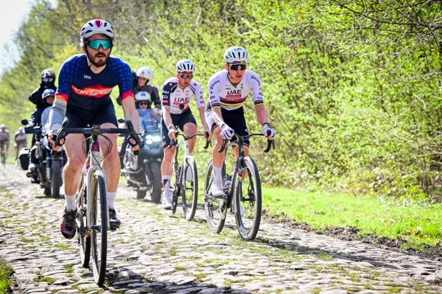 Belgian Florian Vermeersch of UAE Team Emirates-XRG and Slovenian Tadej Pogacar of UAE Team Emirates-XRG pictured in action during the reconnaissance of the track ahead of this year s Paris-Roubaix cycling race, Thursday 09 April 2026, around Roubaix, France. The 123rd edition of Paris-Roubaix cycling races will take on Sunday, with the women riding 143,1 km the men riding 258,3 km on Sunday. DIRKxWAEM  x170265560x