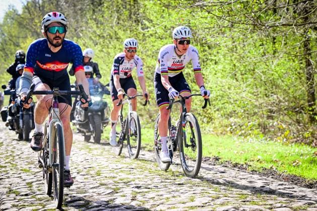 Belgian Florian Vermeersch of UAE Team Emirates-XRG and Slovenian Tadej Pogacar of UAE Team Emirates-XRG pictured in action during the reconnaissance of the track ahead of this year s Paris-Roubaix cycling race, Thursday 09 April 2026, around Roubaix, France. The 123rd edition of Paris-Roubaix cycling races will take on Sunday, with the women riding 143,1 km the men riding 258,3 km on Sunday. DIRKxWAEM  x170265568x