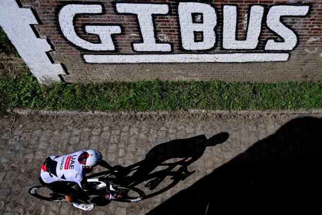 UAE Team Emirates-XRG riders pictured in action during the reconnaissance of the track ahead of this year s Paris-Roubaix cycling race, Thursday 09 April 2026, around Roubaix, France. The 123rd edition of Paris-Roubaix cycling races will take on Sunday, with the women riding 143,1 km the men riding 258,3 km on Sunday. DIRKxWAEM  x170267926x