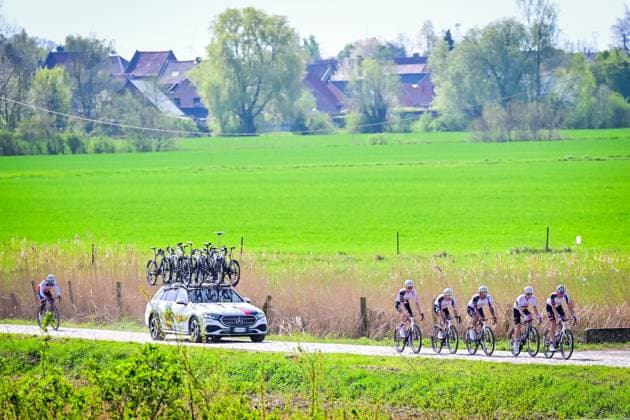 UAE Team Emirates-XRG riders pictured in action during the reconnaissance of the track ahead of this year s Paris-Roubaix cycling race, Thursday 09 April 2026, around Roubaix, France. The 123rd edition of Paris-Roubaix cycling races will take on Sunday, with the women riding 143,1 km the men riding 258,3 km on Sunday. DIRKxWAEM  x170267950x