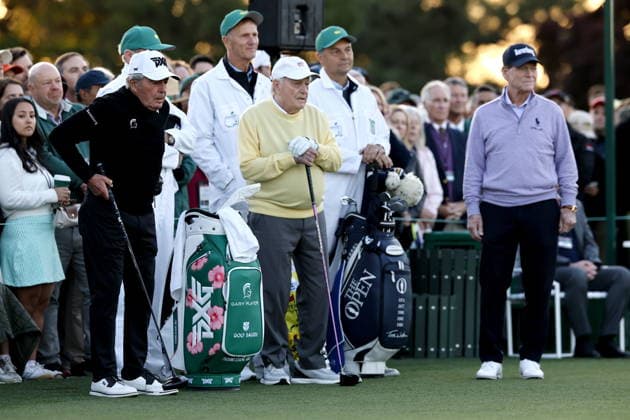 Golf 2026 Masters Tournament - Round 1 Golf legends (from L) Gary Player, Jack Nicklaus and Tom Watson take part in the ceremonial first tee as Honorary Starters before Round 1 of the 2026 Masters tournament in August, Georgia, USA, 09 April 2026. Augusta United States  Copyright: xERIKxS.xLESSERx