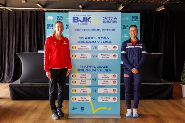 Belgian Elise Mertens and American Iva Jovic pictured during the draw for this weekend s tennis matches between Belgium and USA, in the qualifiers of the Billie Jean King Cup tennis, in Oostende, Belgium, on Thursday 09 April 2026. The meeting will take place on 10 and 11th April. PHOTO KURTxDESPLENTER  x170277853x