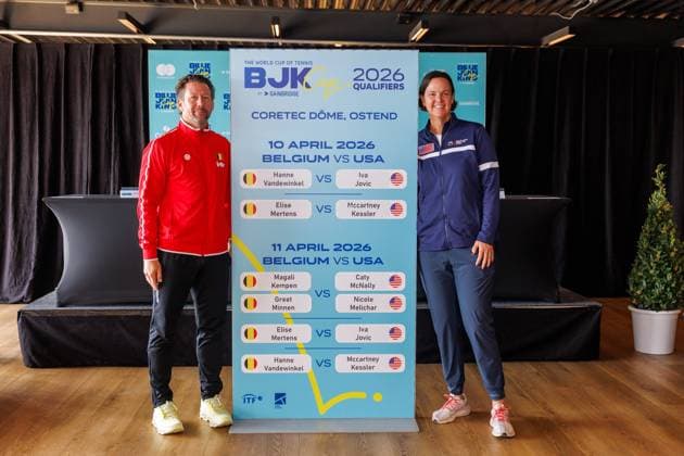Belgian team captain Wim Fissette and USA team captain Lindsay Davenport pictured during the draw for this weekend s tennis matches between Belgium and USA, in the qualifiers of the Billie Jean King Cup tennis, in Oostende, Belgium, on Thursday 09 April 2026. The meeting will take place on 10 and 11th April. PHOTO KURTxDESPLENTER  x170277879x