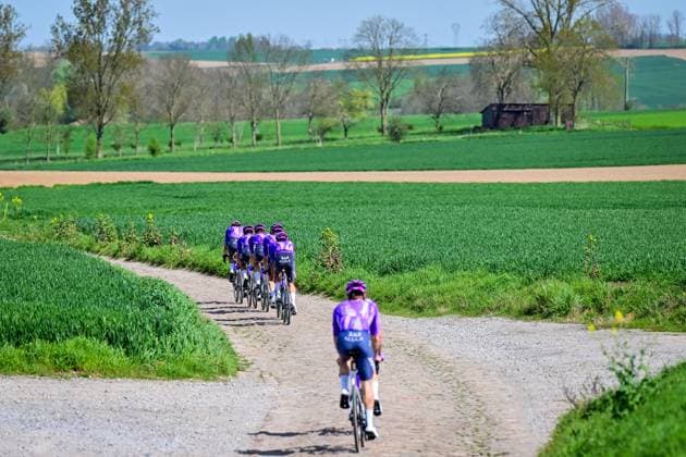 Team Jayco AIUIa riders pictured in action during the reconnaissance of the track ahead of this year s Paris-Roubaix cycling race, Thursday 09 April 2026, around Roubaix, France. The 123rd edition of Paris-Roubaix cycling races will take on Sunday, with the women riding 143,1 km the men riding 258,3 km on Sunday. DIRKxWAEM  x170281311x
