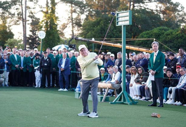 Golfing legend Jack Nicklaus tees off during the ceremonial opening ceremony before the start of the first day of the Masters Tournament at Augusta National Golf Club on Thursday, Aprill 9, 2026, in Augusta, Georgia.  AUG20260409805 JOHNxANGELILLO