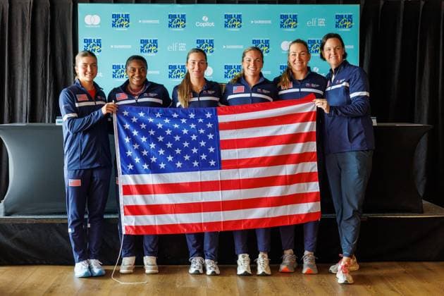 American Iva Jovic, American Hailey Baptiste, American Mccartney Kessler, American Caty McNally, American Nicole Melichar and USA team captain Lindsay Davenport pictured during the draw for this weekend s tennis matches between Belgium and USA, in the qualifiers of the Billie Jean King Cup tennis, in Oostende, Belgium, on Thursday 09 April 2026. The meeting will take place on 10 and 11th April. PHOTO KURTxDESPLENTER  x170282146x