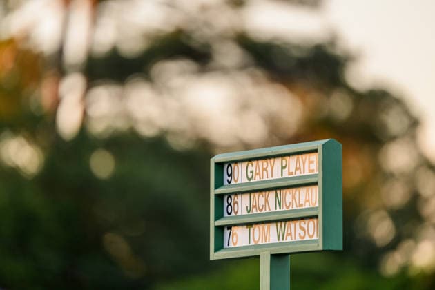 260409 The names of Gary Player of South Africa, Jack Nicklaus of The United States and Tom Watson of The United States ahead of the Honorary Starters ceremony during the first round of the 2026 Masters Golf Tournament on April 9, 2026 in Augusta. Photo: Petter Arvidson BILDBYRAN kod PA PA1193 golf masters bbeng the masters augusta genre Copyright: PETTERxARVIDSON BB260409PA017
