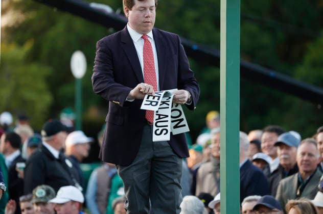 Name tags for the opening ceremony featuring honorary starters Jack Nicklaus, Tom Watson, and Gary Player are put into position before the start of the first day of the Masters Tournament at Augusta National Golf Club on Thursday, April 9, 2026, in Augusta, Georgia.  AUG20260409802 JOHNxANGELILLO