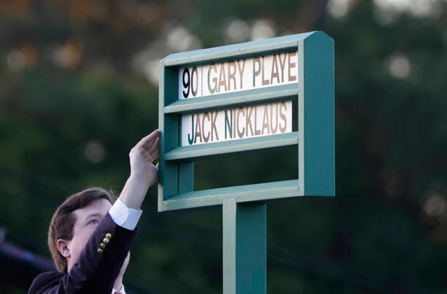 Name tags for the opening ceremony featuring honorary starters Jack Nicklaus, Tom Watson, and Gary Player are put into position before the start of the first day of the Masters Tournament at Augusta National Golf Club on Thursday, April 9, 2026, in Augusta, Georgia.  AUG20260409803 JOHNxANGELILLO