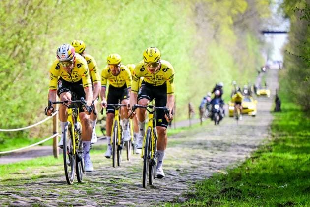 Belgian Wout van Aert of Team Visma-Lease a Bike pictured in action during the reconnaissance of the track ahead of this year s Paris-Roubaix cycling race, Thursday 09 April 2026, around Roubaix, France. The 123rd edition of Paris-Roubaix cycling races will take on Sunday, with the women riding 143,1 km the men riding 258,3 km on Sunday. DIRKxWAEM  x170291643x