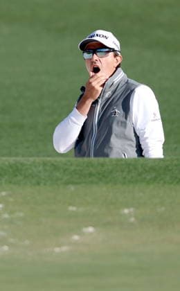 Golf 2026 Masters Tournament - Round 1 Nicolas Echavarria of Colombia reacts to his shot from the bunker on hole 2 in Round 1 of the 2026 Masters tournament in August, Georgia, USA, 09 April 2026. Augusta United States  Copyright: xCHRISxTORRESx