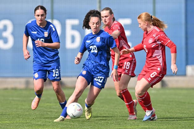 SERBIA WU19 vs DENMARK WU19 Lana Todorovic vs Alberte Mott football WU19 Serbia vs Denmark WU19 European qualification match sports center FSS, Stara Pazova 09.04.2026 Foto: FOOTBALL, SERBIA WU19, DENMARK U19, WOMEN, EUROPEAN QUALIFIERS Stara Pazova Sports center Stara Pazova Serbia Copyright: xMarkoxMetlas xMNxPressx