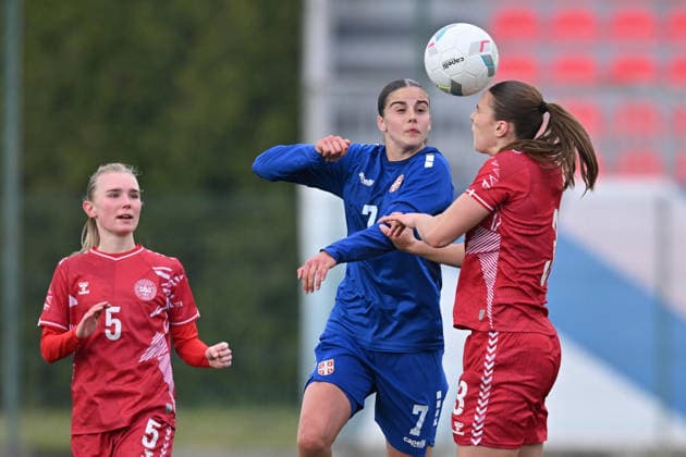SERBIA WU19 vs DENMARK WU19 Paulina Stanic vs Hannah Jorgensen football WU19 Serbia vs Denmark WU19 European qualification match sports center FSS, Stara Pazova 09.04.2026 Foto: FOOTBALL, SERBIA WU19, DENMARK U19, WOMEN, EUROPEAN QUALIFIERS Stara Pazova Sports center Stara Pazova Serbia Copyright: xMarkoxMetlas xMNxPressx