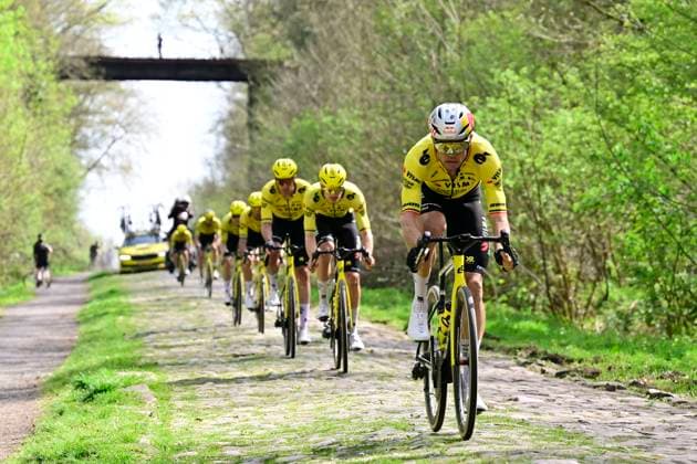 Paris-Roubaix Hauts-de-France 2026 Cycling Race Media Activities 09 04 2026 ROUBAIX, FRANCE - APRIL 09 : Van Aert Wout (BEL) of Team Visma Lease a Bike at Wallers-Arenberg riding during a training and reconnaissance session ahead of the 123rd edition of Paris-Roubaix Hauts-de-France an UCI World Tour 1.UWT one day cycling road race for Men Elite of km with start in Compiegne and finish in Roubaix on April 9, 2026 in Roubaix, France, 09 04 2026 ( Motordriver Guy De Vuyst - Roubaix France  Copyright: xJanxDexMeuleneirx