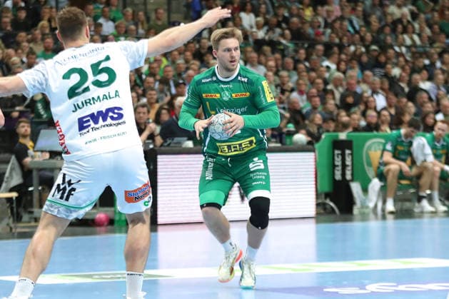 Handball DAIKIN HBL, SC DHfK Leipzig - FRISCH AUF! Göppingen; 09.04.2026 Franz Semper (32, SC DHfK Leipzig). Handball, DAIKIN HBL, 1. Bundesliga, Saison 2025 2026, 28. Spieltag: SC DHfK Leipzig vs. FRISCH AUF! Göppingen am 09.04.2026 in der Quarterback Immobilien Arena Leipzig. Copyright: xBEAUTIFULxSPORTS JanxKaeferx