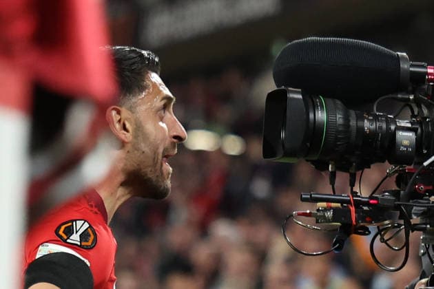 09.04.2026, xrekx, Fussball UEFA Europa League, SC Freiburg - Celta Vigo v.l. Torjubel nach dem Tor zum celebrating the goal celebrate 1:0 durch Vincenzo Grifo (SC Freiburg) mit der Kamera (DFL DFB REGULATIONS PROHIBIT ANY USE OF PHOTOGRAPHS as IMAGE SEQUENCES and or QUASI-VIDEO) Freiburg