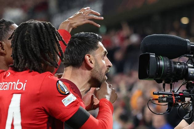 09.04.2026, xrekx, Fussball UEFA Europa League, SC Freiburg - Celta Vigo v.l. Torjubel nach dem Tor zum celebrating the goal celebrate 1:0 durch Vincenzo Grifo (SC Freiburg) (DFL DFB REGULATIONS PROHIBIT ANY USE OF PHOTOGRAPHS as IMAGE SEQUENCES and or QUASI-VIDEO) Freiburg