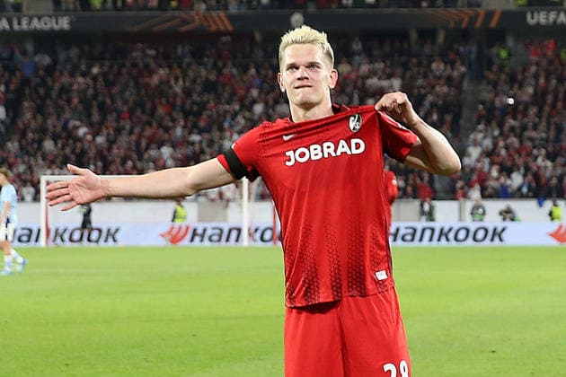 09.04.2026, xrekx, Fussball UEFA Europa League, SC Freiburg - Celta Vigo v.l. Torjubel nach dem Tor zum celebrating the goal celebrate 3:0 durch Matthias Ginter (SC Freiburg) (DFL DFB REGULATIONS PROHIBIT ANY USE OF PHOTOGRAPHS as IMAGE SEQUENCES and or QUASI-VIDEO) Freiburg
