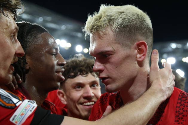 09.04.2026, xrekx, Fussball UEFA Europa League, SC Freiburg - Celta Vigo v.l. Torjubel nach dem Tor zum celebrating the goal celebrate 3:0 durch Matthias Ginter (SC Freiburg) (DFL DFB REGULATIONS PROHIBIT ANY USE OF PHOTOGRAPHS as IMAGE SEQUENCES and or QUASI-VIDEO) Freiburg