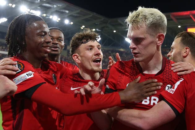 09.04.2026, xrekx, Fussball UEFA Europa League, SC Freiburg - Celta Vigo v.l. Torjubel nach dem Tor zum celebrating the goal celebrate 3:0 durch Matthias Ginter (SC Freiburg) (DFL DFB REGULATIONS PROHIBIT ANY USE OF PHOTOGRAPHS as IMAGE SEQUENCES and or QUASI-VIDEO) Freiburg