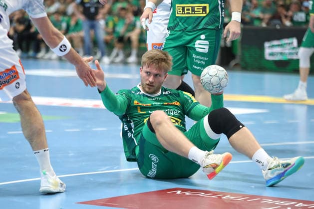 Handball DAIKIN HBL, SC DHfK Leipzig - FRISCH AUF! Göppingen; 09.04.2026 Franz Semper (32, SC DHfK Leipzig). Handball, DAIKIN HBL, 1. Bundesliga, Saison 2025 2026, 28. Spieltag: SC DHfK Leipzig vs. FRISCH AUF! Göppingen am 09.04.2026 in der Quarterback Immobilien Arena Leipzig. Copyright: xBEAUTIFULxSPORTS JanxKaeferx
