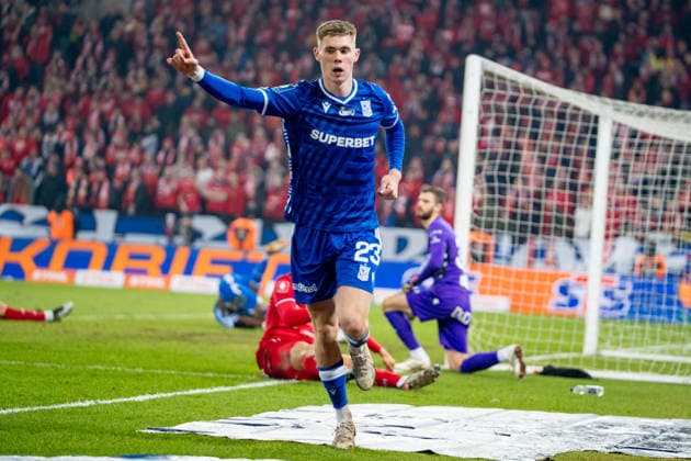 Gisli Thordarson (23) celebrating seen during PKO Ekstraklasa 25 26 game between teams of Widzew Lodz and Lech Poznan (Kazimierz Koper Ball Raw Images) Lodz Stadion Miejski Widzewa - Serce Lodzi Poland Copyright: xKazimierzxKoperx KOP_WIDvLPO-044
