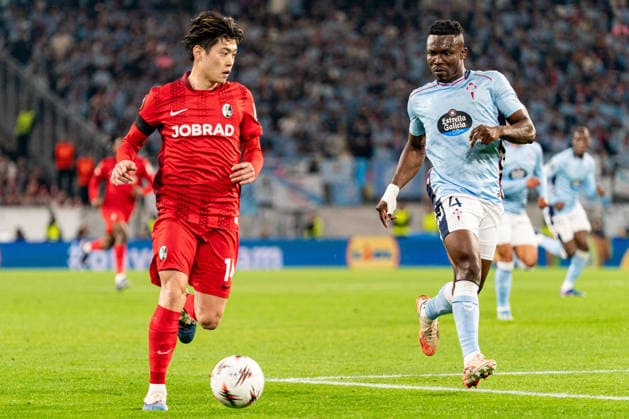09.04.2026, xdaymx, Fussball UEFA Europa League, SC Freiburg - Celta Vigo vl. Yuito Suzuki und Joseph Aidoo (DFL DFB REGULATIONS PROHIBIT ANY USE OF PHOTOGRAPHS as IMAGE SEQUENCES and or QUASI-VIDEO) Freiburg