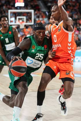 April 9, 2026, Valencia, Valencia, Spain: Kendrick Nunn of Panathinaikos Aktor Athens and Brancou Badio of Valencia Basket in action during the Turkish Airlines EuroLeague Regular Season Round 37 match between Valencia Basket and Panathinaikos Aktor Athens at Roig Arena on April 09, 2026, in Valencia, Spain. Valencia Spain - ZUMAa181 20260409_zaa_a181_337 Copyright: xIrinaxR.xHipolitox