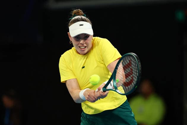 BILLIE JEAN CUP TENNIS, Tahlia Gibson of Australia plays a backhand against Mika Stojsavljevic of Britain during the Billie Jean King Cup qualifier match between Australia and Britain at John Cain Arena in Melbourne, Friday, April 10, 2026. ( NO ARCHIVING, EDITORIAL USE ONLY MELBOURNE VICTORIA AUSTRALIA  Copyright: xMORGANxHANCOCKx 20260410114131847248