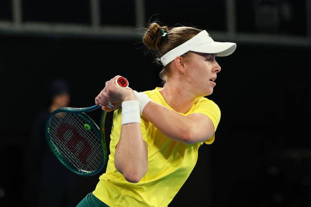 BILLIE JEAN CUP TENNIS, Tahlia Gibson of Australia plays a backhand against Mika Stojsavljevic of Britain during the Billie Jean King Cup qualifier match between Australia and Britain at John Cain Arena in Melbourne, Friday, April 10, 2026. ( NO ARCHIVING, EDITORIAL USE ONLY MELBOURNE VICTORIA AUSTRALIA  Copyright: xMORGANxHANCOCKx 20260410134684131844