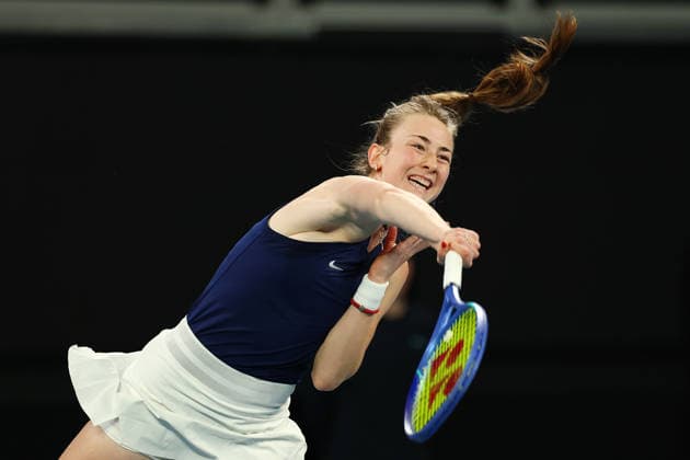 BILLIE JEAN CUP TENNIS, Mika Stojsavljevic of Britain serves against Tahlia Gibson of Australia during the Billie Jean King Cup qualifier match between Australia and Britain at John Cain Arena in Melbourne, Friday, April 10, 2026. ( NO ARCHIVING, EDITORIAL USE ONLY MELBOURNE VICTORIA AUSTRALIA  Copyright: xMORGANxHANCOCKx 20260410180043573350