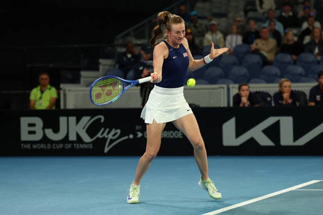 BILLIE JEAN CUP TENNIS, Mika Stojsavljevic of Britain plays a forehand against Tahlia Gibson of Australia during the Billie Jean King Cup qualifier match between Australia and Britain at John Cain Arena in Melbourne, Friday, April 10, 2026. ( NO ARCHIVING, EDITORIAL USE ONLY MELBOURNE VICTORIA AUSTRALIA  Copyright: xMORGANxHANCOCKx 20260410114168502154