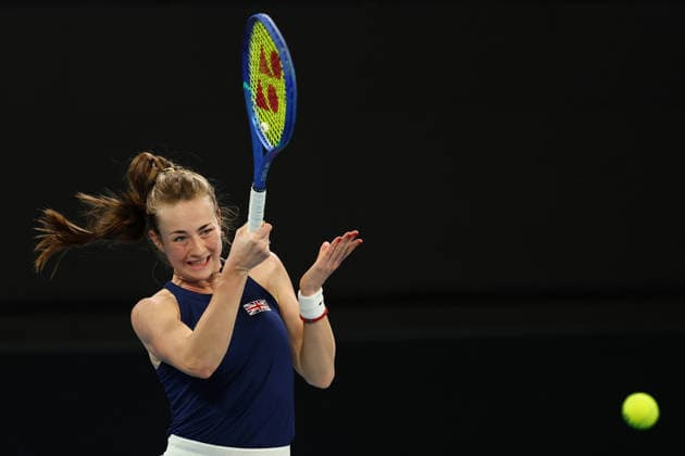 BILLIE JEAN CUP TENNIS, Mika Stojsavljevic of Britain plays a forehand against Tahlia Gibson of Australia during the Billie Jean King Cup qualifier match between Australia and Britain at John Cain Arena in Melbourne, Friday, April 10, 2026. ( NO ARCHIVING, EDITORIAL USE ONLY MELBOURNE VICTORIA AUSTRALIA  Copyright: xMORGANxHANCOCKx 20260410160173754542