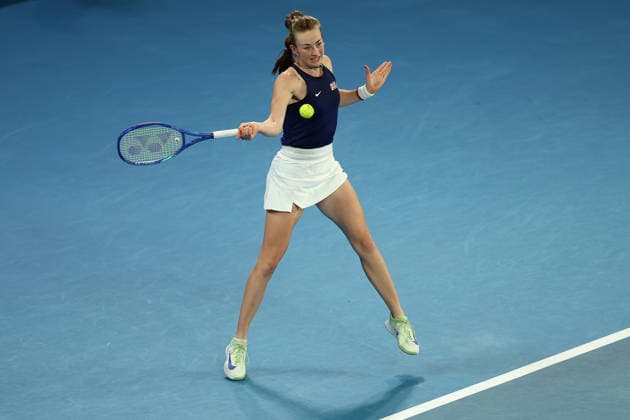 BILLIE JEAN CUP TENNIS, Mika Stojsavljevic of Britain plays a forehand against Tahlia Gibson of Australia during the Billie Jean King Cup qualifier match between Australia and Britain at John Cain Arena in Melbourne, Friday, April 10, 2026. ( NO ARCHIVING, EDITORIAL USE ONLY MELBOURNE VICTORIA AUSTRALIA  Copyright: xMORGANxHANCOCKx 20260410180068451601