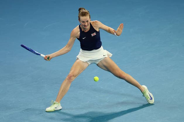 BILLIE JEAN CUP TENNIS, Mika Stojsavljevic of Britain plays a forehand against Tahlia Gibson of Australia during the Billie Jean King Cup qualifier match between Australia and Britain at John Cain Arena in Melbourne, Friday, April 10, 2026. ( NO ARCHIVING, EDITORIAL USE ONLY MELBOURNE VICTORIA AUSTRALIA  Copyright: xMORGANxHANCOCKx 20260410191501090951