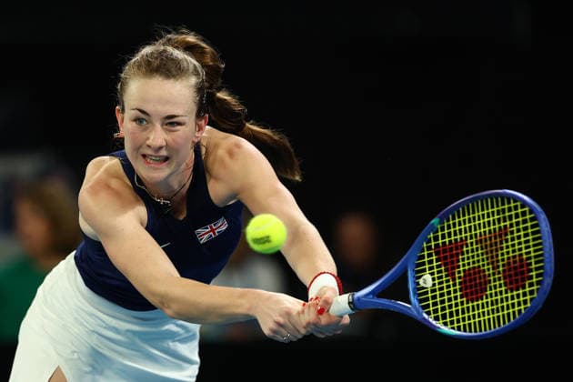 BILLIE JEAN CUP TENNIS, Mika Stojsavljevic of Britain plays a backhand against Tahlia Gibson of Australia during the Billie Jean King Cup qualifier match between Australia and Britain at John Cain Arena in Melbourne, Friday, April 10, 2026. ( NO ARCHIVING, EDITORIAL USE ONLY MELBOURNE VICTORIA AUSTRALIA  Copyright: xMORGANxHANCOCKx 20260410145769740330