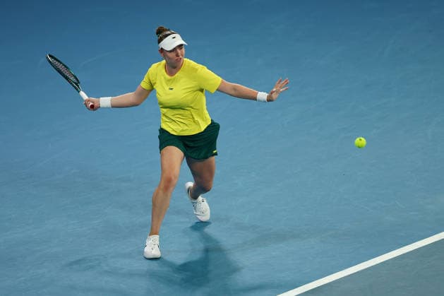 BILLIE JEAN CUP TENNIS, Tahlia Gibson of Australia plays a forehand against Mika Stojsavljevic of Britain during the Billie Jean King Cup qualifier match between Australia and Britain at John Cain Arena in Melbourne, Friday, April 10, 2026. ( NO ARCHIVING, EDITORIAL USE ONLY MELBOURNE VICTORIA AUSTRALIA  Copyright: xMORGANxHANCOCKx 20260410192554320793
