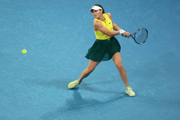 BILLIE JEAN CUP TENNIS, Kimberly Birrell of Australia plays a backhand against Harriet Dart of Britain during the Billie Jean King Cup qualifier match between Australia and Britain at John Cain Arena in Melbourne, Friday, April 10, 2026. ( NO ARCHIVING, EDITORIAL USE ONLY MELBOURNE VICTORIA AUSTRALIA  Copyright: xMORGANxHANCOCKx 20260410146596113007