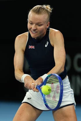 BILLIE JEAN CUP TENNIS, Harriet Dart of Britain plays a backhand against Kimberly Birrell of Australia during the Billie Jean King Cup qualifier match between Australia and Britain at John Cain Arena in Melbourne, Friday, April 10, 2026. ( NO ARCHIVING, EDITORIAL USE ONLY MELBOURNE VICTORIA AUSTRALIA  Copyright: xMORGANxHANCOCKx 20260410192634376144
