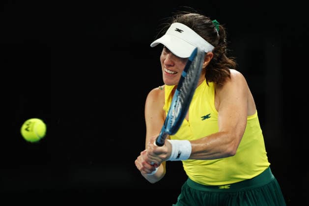 BILLIE JEAN CUP TENNIS, Kimberly Birrell of Australia plays a backhand against Harriet Dart of Britain during the Billie Jean King Cup qualifier match between Australia and Britain at John Cain Arena in Melbourne, Friday, April 10, 2026. ( NO ARCHIVING, EDITORIAL USE ONLY MELBOURNE VICTORIA AUSTRALIA  Copyright: xMORGANxHANCOCKx 20260410161644567150