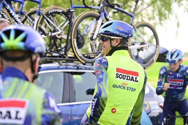 Paris - Roubaix Hauts-de-France 2026 Cycling Race Media Activities 10 04 2026 ROUBAIX, FRANCE - APRIL 10 : Stuyven Jasper (BEL) of Soudal Quick Step riding during a training and reconnaissance session ahead of the 123rd edition of Paris - Roubaix Hauts-de-France an UCI World Tour 1.UWT one day cycling road race for Men Elite of 258 km with start in Compiegne and finish in Roubaix on April 10, 2026 in Roubaix, France, 10 04 2026 ( Motordriver Guy de Vuyst - Roubaix France  Copyright: xJanxDexMeuleneirx