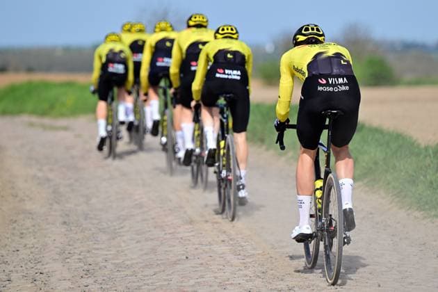 Team Visma-Lease a Bike riders pictured in action during the reconnaissance of the track ahead of this year s Paris-Roubaix cycling race, Friday 10 April 2026, around Roubaix, France. The 123rd edition of Paris-Roubaix cycling races will take on Sunday, with the women riding 143,1 km the men riding 258,3 km on Sunday. DIRKxWAEM  x170379765x