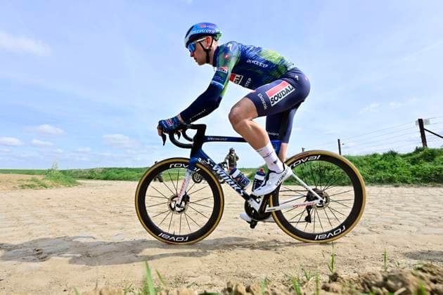 Paris - Roubaix Hauts-de-France 2026 Cycling Race Media Activities 10 04 2026 ROUBAIX, FRANCE - APRIL 10 : Merlier Tim (BEL) of Soudal Quick Step riding during a training and reconnaissance session ahead of the 123rd edition of Paris - Roubaix Hauts-de-France an UCI World Tour 1.UWT one day cycling road race for Men Elite of 258 km with start in Compiegne and finish in Roubaix on April 10, 2026 in Roubaix, France, 10 04 2026 ( Motordriver Guy de Vuyst - Roubaix France  Copyright: xJanxDexMeuleneirx