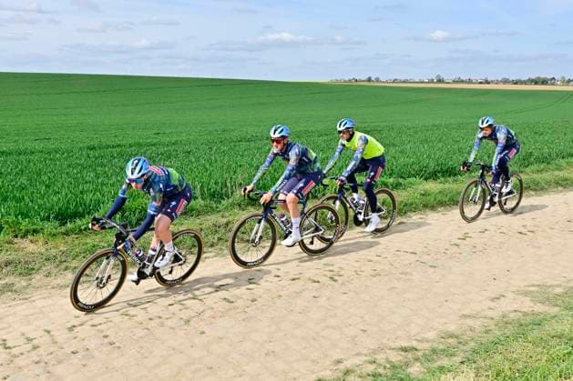 Paris - Roubaix Hauts-de-France 2026 Cycling Race Media Activities 10 04 2026 ROUBAIX, FRANCE - APRIL 10 : Merlier Tim (BEL) of Soudal Quick Step, Stuyven Jasper (BEL) of Soudal Quick Step riding during a training and reconnaissance session ahead of the 123rd edition of Paris - Roubaix Hauts-de-France an UCI World Tour 1.UWT one day cycling road race for Men Elite of 258 km with start in Compiegne and finish in Roubaix on April 10, 2026 in Roubaix, France, 10 04 2026 ( Motordriver Guy de Vuyst - Roubaix France  Copyright: xJanxDexMeuleneirx