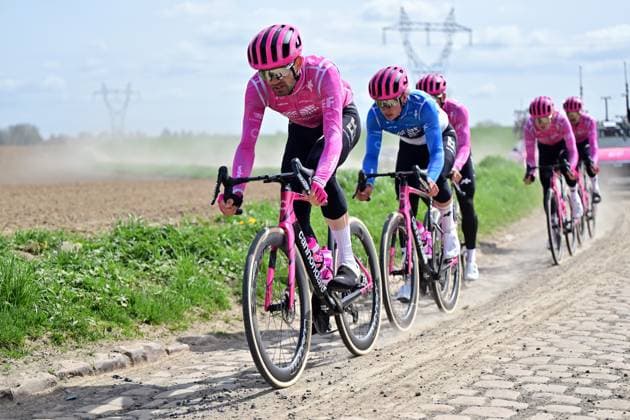 Danish Kasper Asgreen of EF Education-EasyPost pictured in action during the reconnaissance of the track ahead of this year s Paris-Roubaix cycling race, Friday 10 April 2026, around Roubaix, France. The 123rd edition of Paris-Roubaix cycling races will take on Sunday, with the women riding 143,1 km the men riding 258,3 km on Sunday. DIRKxWAEM  x170382364x