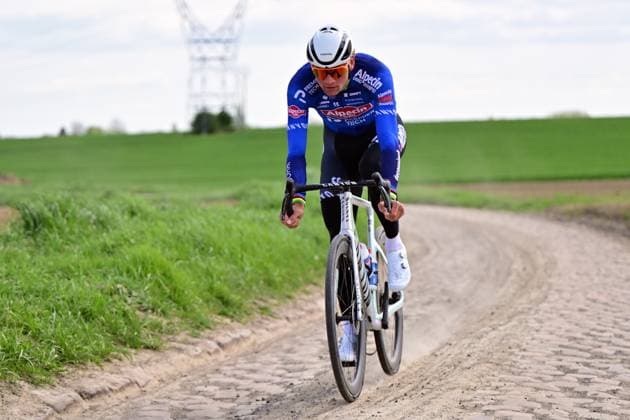 Dutch Mathieu van der Poel of Alpecin-Premier Tech pictured in action during the reconnaissance of the track ahead of this year s Paris-Roubaix cycling race, Friday 10 April 2026, around Roubaix, France. The 123rd edition of Paris-Roubaix cycling races will take on Sunday, with the women riding 143,1 km the men riding 258,3 km on Sunday. DIRKxWAEM  x170382387x